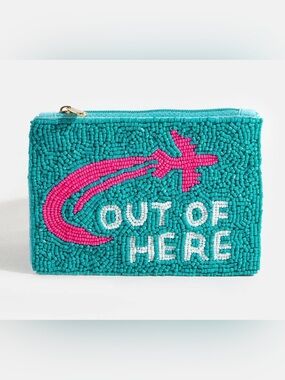 Turquoise Beaded 'Out of Here' Zip Clutch with Pink Plane
